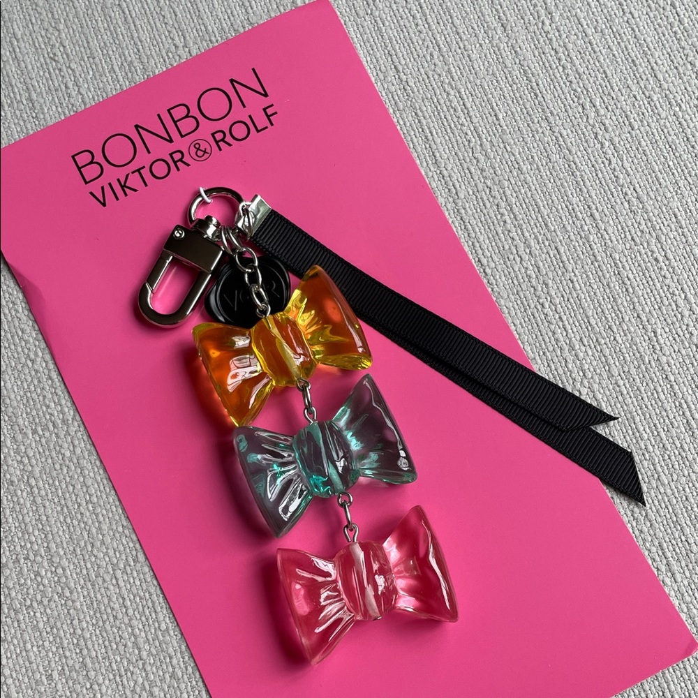 Viktor & Rolf Multicolor Acrylic Bow Charm Keychain with Black Ribbon